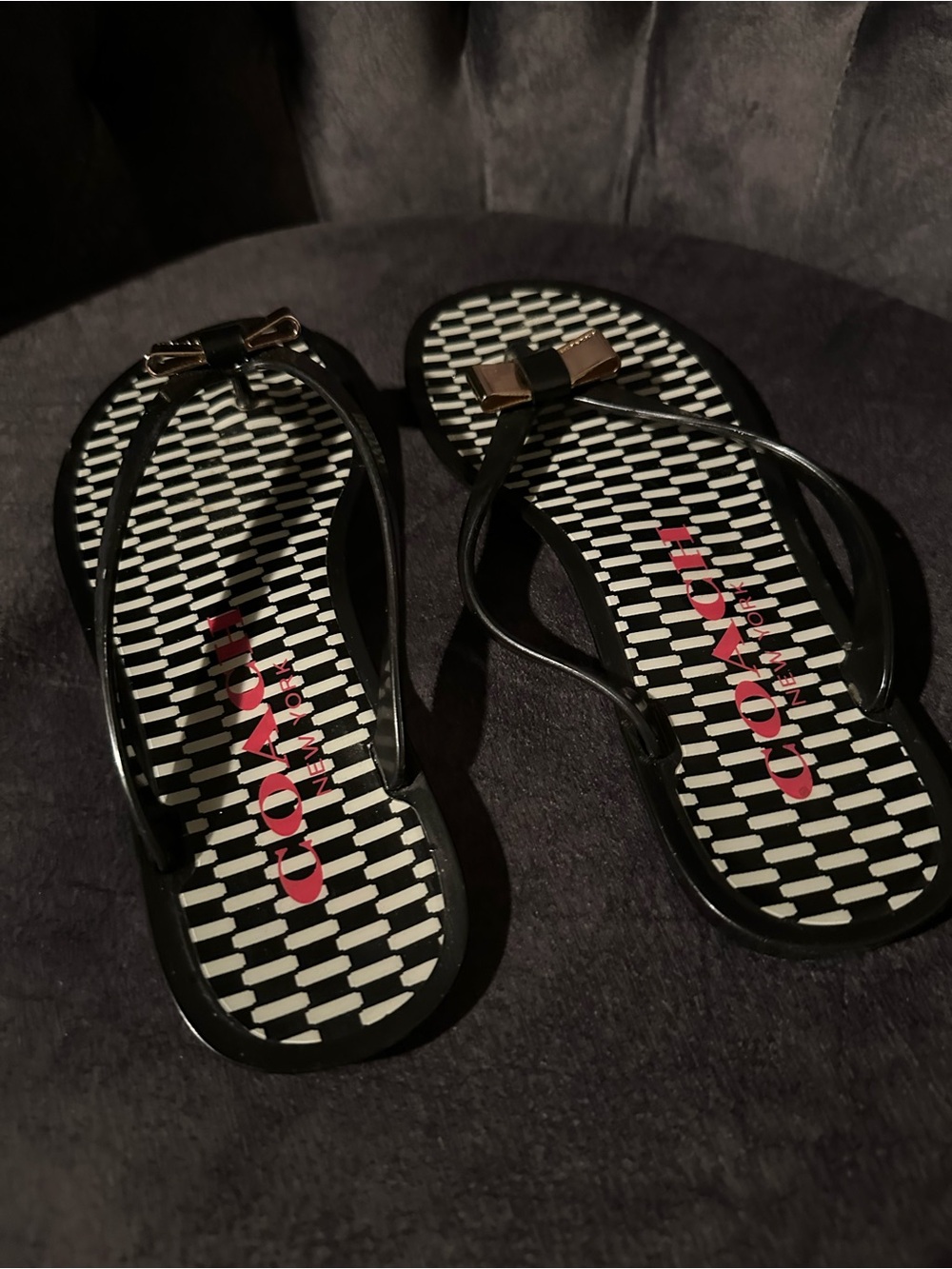 Coach Black Jelly Thong Sandals with Gold Bow Accent - Picture 3 of 7